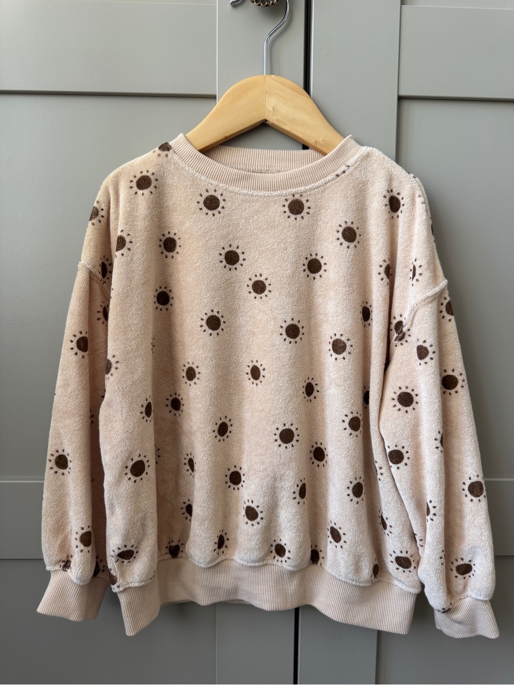 Rylee + Cru Cream Crewneck Sweatshirt with Brown Suns Print in Textured Terry